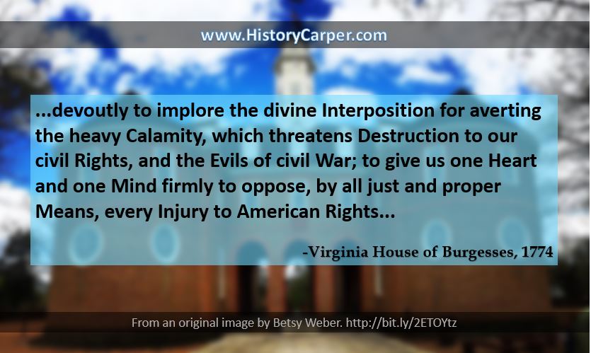 A day of fasting and prayer declared by the Virginia House of Burgesses in support of Boston.