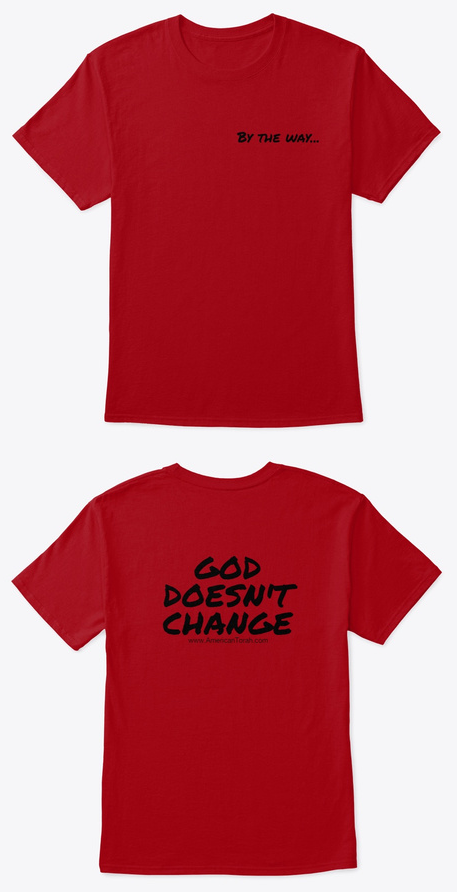 T-shirt with "By the way..." on the front and "God doesn't change" on the back. Inspired by "For I the LORD do not change..." Malachi 3:6a